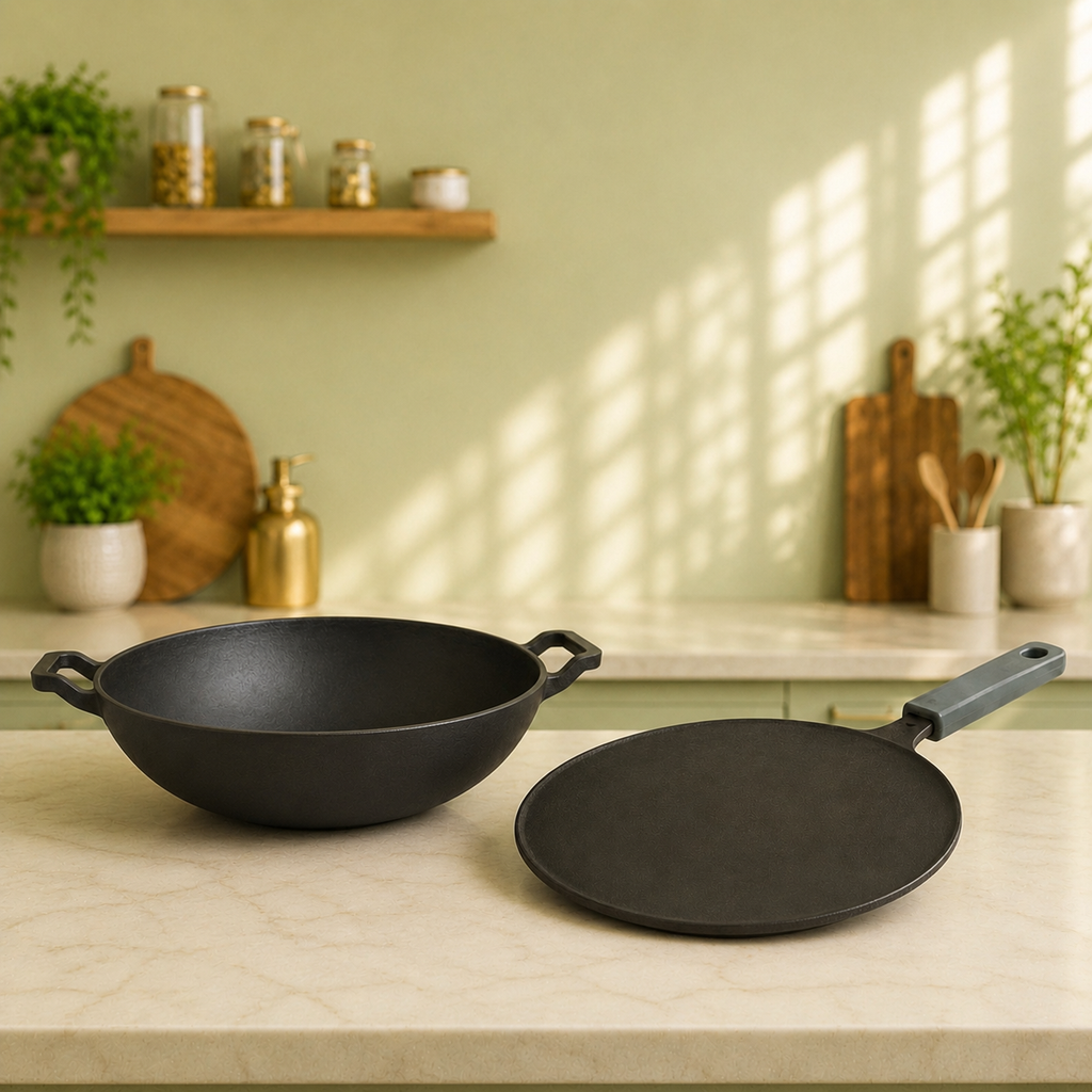 PureCook Everyday Indian Cooking Duo | Cast Iron Kadhai + Cast Iron Tawa Combo