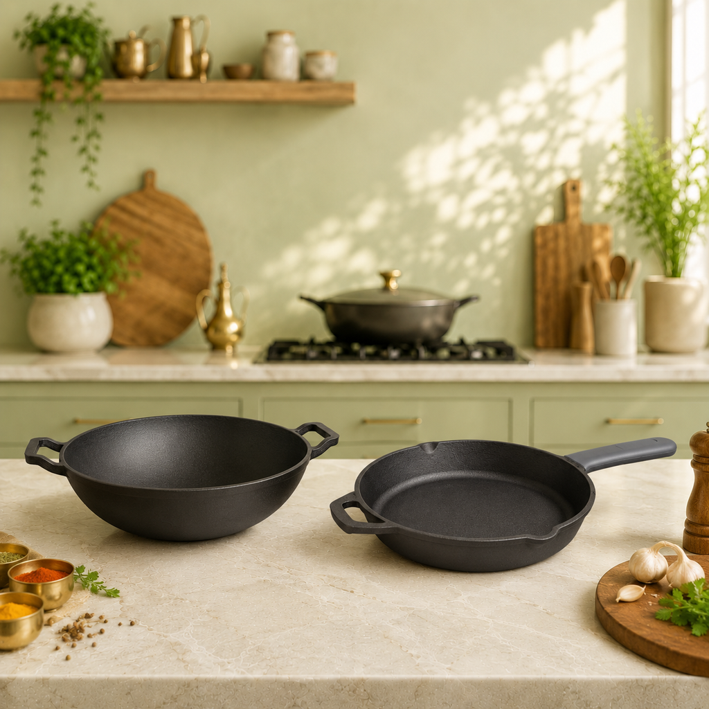 PureCook Everyday Sauté & Curry Duo | Cast Iron Kadhai + Cast Iron Fry Pan