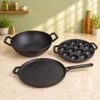 PureCook complete cast iron kitchen set: kadai, long handle tawa and appam pan, view 5