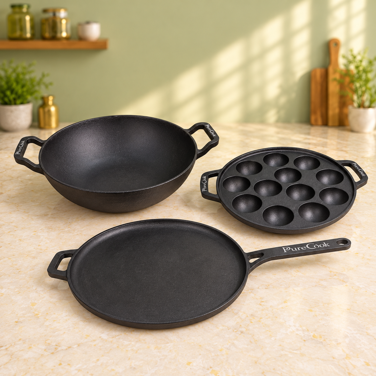 PureCook complete cast iron kitchen set: kadai, long handle tawa and appam pan, view 5