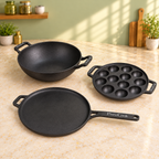 PureCook complete cast iron kitchen set: kadai, long handle tawa and appam pan, view 4