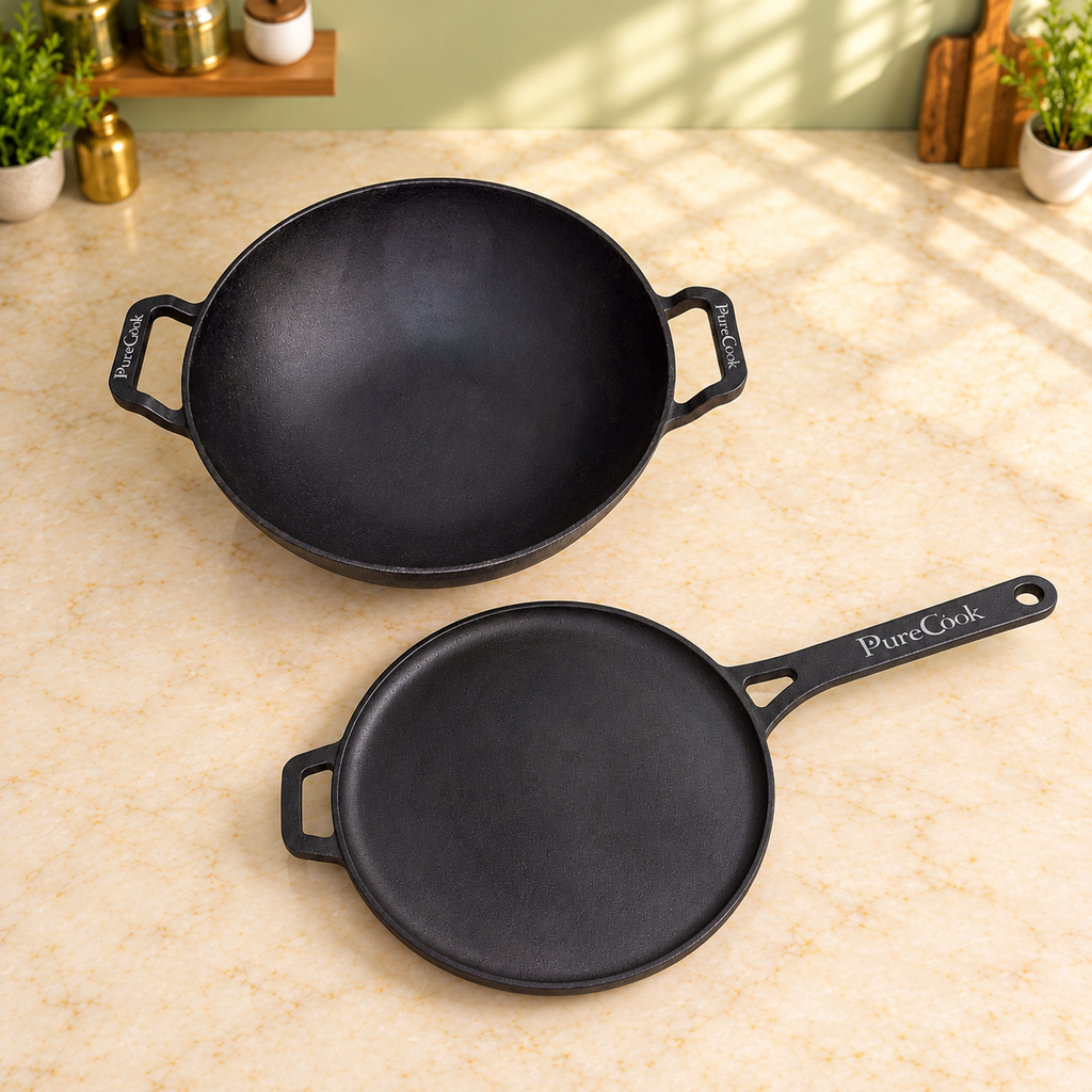 PureCook cast iron kadai, pre-seasoned, no chemical coating