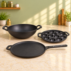 PureCook complete cast iron kitchen set: kadai, long handle tawa and appam pan, view 3