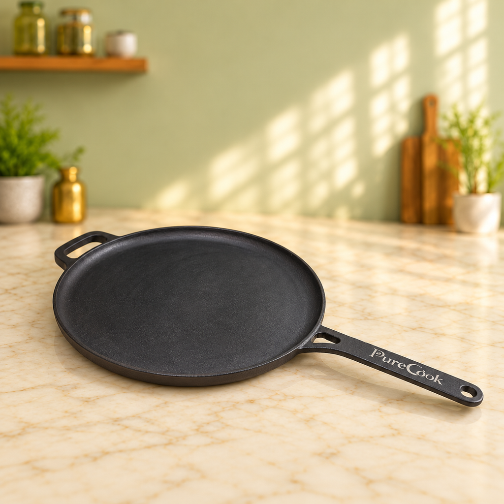 PureCook cast iron long handle dosa tawa, 30 cm