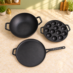 PureCook complete cast iron kitchen set: kadai, long handle tawa and appam pan, view 2
