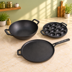 PureCook complete cast iron kitchen set: kadai, long handle tawa and appam pan