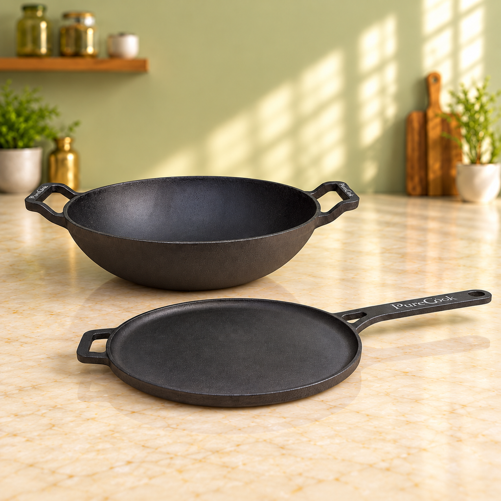 PureCook cast iron kadai and long handle dosa tawa combo